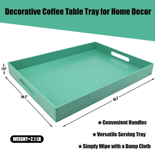 Green Serving Tray for Coffee Table, Rectangular Plastic Decorative Tray with Handles for Entertaining, Outdoor Patio, Living Room, Ottoman, Bathroom Counter, 11.8”*15.7”*1.6”