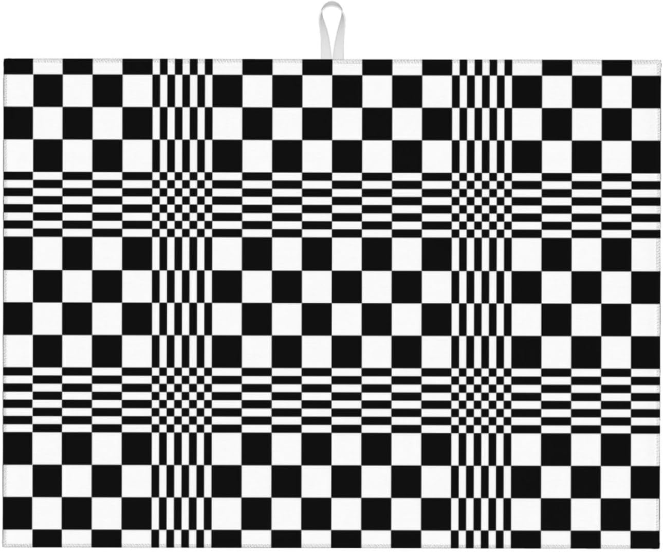 Black White Checkered Optical Art Dish Drying Mats for Kitchen Counter & Sink, Absorbent Microfiber Drying Pad for Dishes, Reversible Modern Geometric Dish Drainer Rack Mats, Home Decor, 18" x 24"