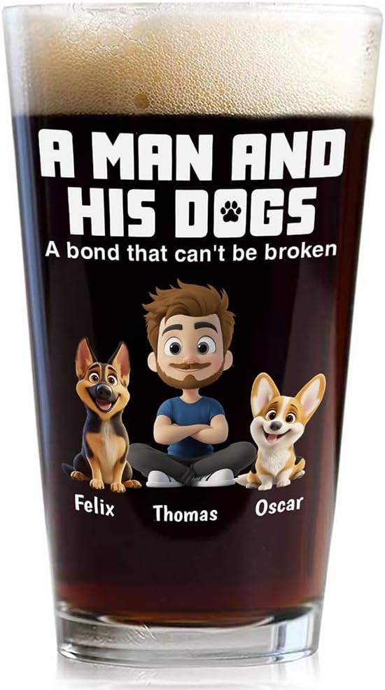 Wrappiness Best Mom Dad Logo Personalized Custom Beer Glass - 16oz Glassware for Beer Soda Cocktails - Gift for Dog Lovers, Father's Day, Birthday Gift for Parents (B03, 2 Dogs)