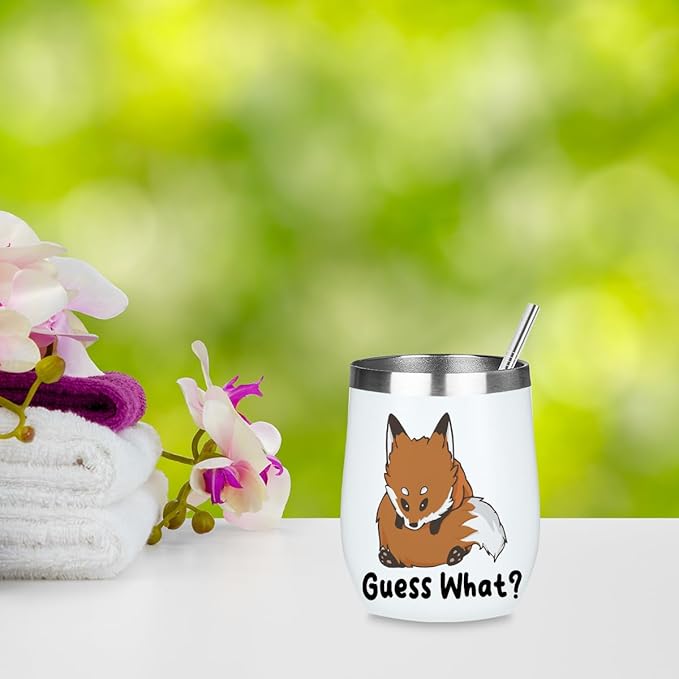 Cute Funny 12 oz Tumbler, Wine Tumbler Insulated Wine Glass with Lid, Fox Gifts for Girls Boys Women Men Mom Animal Lovers Fox Supplies Accessories Friendship Appreciation Christmas Birthday