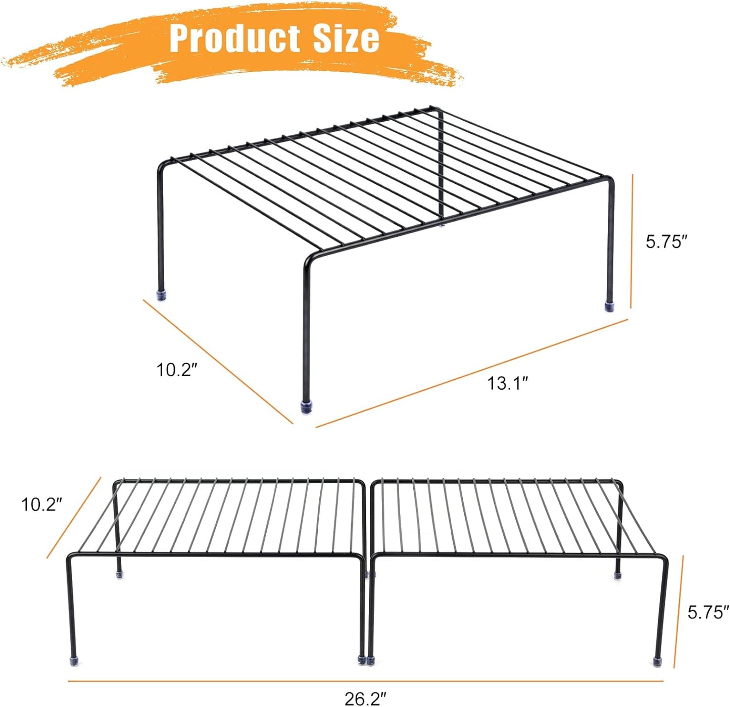Kitchen Cabinet Storage Shelf Rack/Plastic Feet - (13.1 x 10.2 Inch) - Steel Metal - Rust Resistant Finish - Cups, Dishes, Cabinet & Pantry Organization (2, Black)