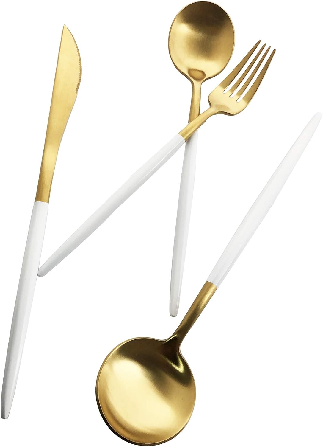 Silverware Set, Hand polished Matte Gold White Flatware Cutlery Set Service for 2, Satin Finish 10 Pieces 18/10 Stainless Steel Utensils Set for Home and Restaurant, Dishwasher Safe