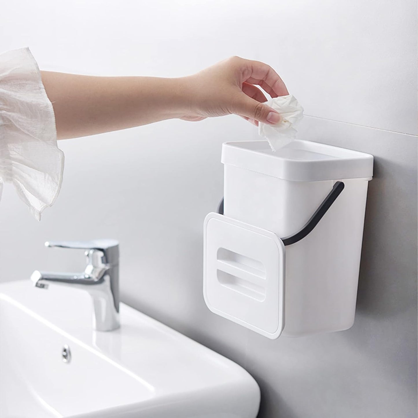 Domiella 2 Pack Hanging Small Trash Can with Lid (1.3 + 0.8 Gal), Kitchen Compost Bin for Countertop or Under Sink, Mountable Food Waste Bin for Cabinet, Bathroom, or RV Use (White)