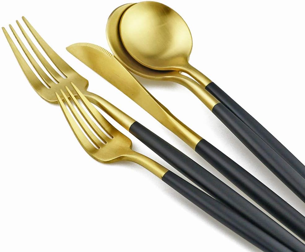 Gugrida Black Gold Flatware, Royal 20 Piece Matte Black Handle 18/10 Stainless Steel Tableware Sets for 4 Including Forks Spoons Knives, Camping Silverware Travel Utensils Set Cutlery (Black Gold)