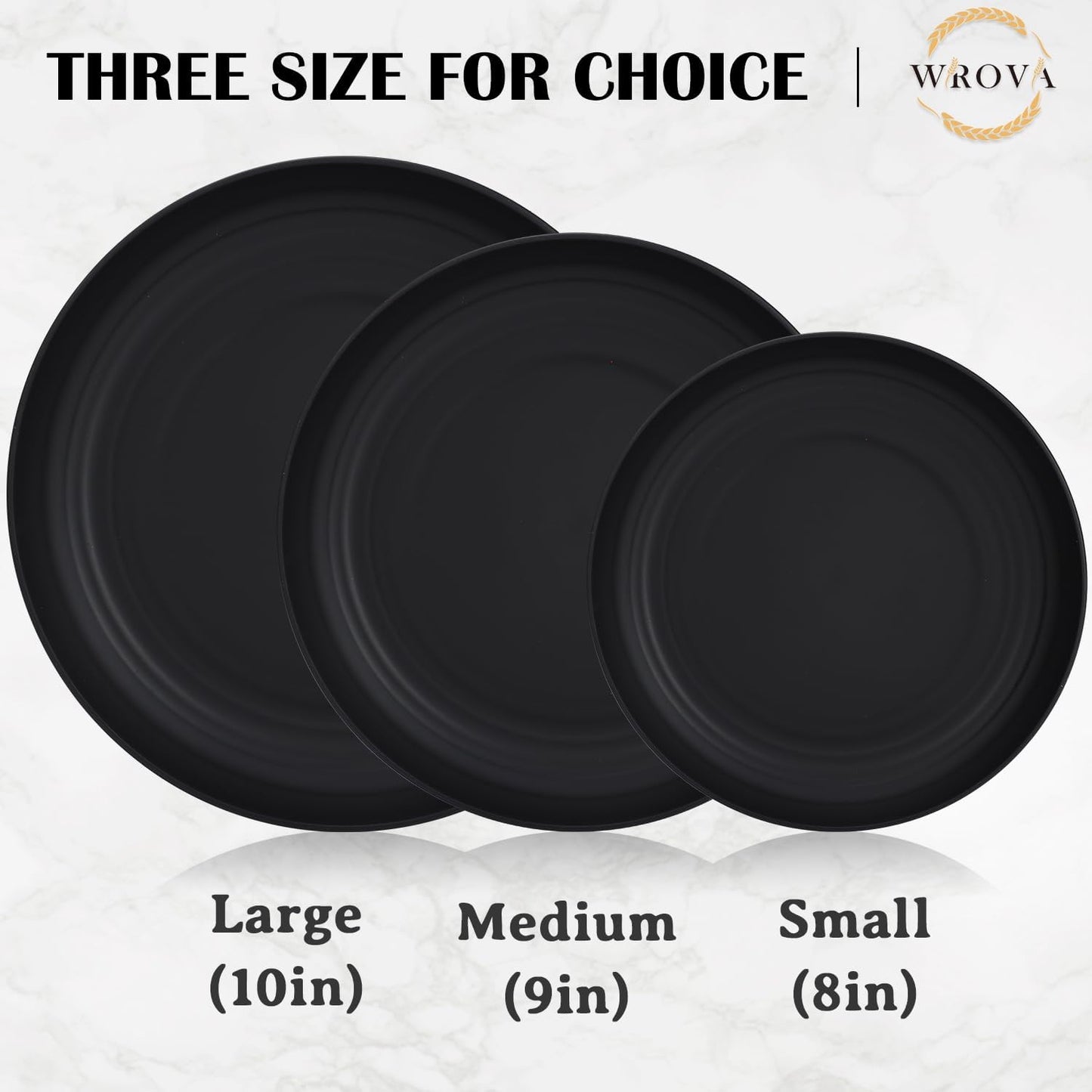 Wrova Wheat Straw Plates - 9 Inch Unbreakable Dinner Plates Set of 8 - Dishwasher & Microwave Safe Plastic Plates Reusable - Lightweight Plate for kitchen,camping (pure black)