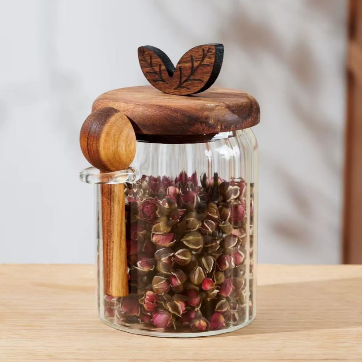 ANSQU Glass Jar with Wooden Lid and Spoon, 20.3oz Food Storage Containers Coffee Jar Coffee Grounds Container, Glass Food Storage Canister