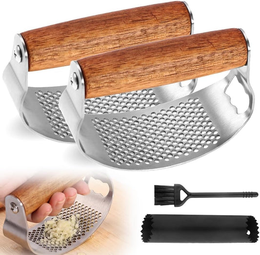 Stainless Steel Garlic Presser, Upgraded Garlic Press Rocker with Peeler and Cleaning Brush, Ergonomic Handle for Cooking Enthusiasts (2 pcs)