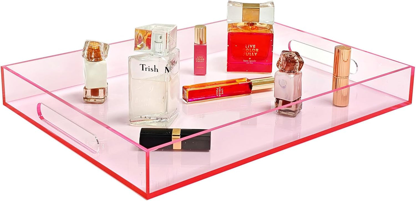 SetGame Pink Acrylic Serving Tray with Handles, Pink Decorative Storage Arylic Trays, Simple Large Serving Tray Food Tea Fruit Dinner Snack Tray for Bar Kitchen Party, Bathroom Tray, 16X12 Inch