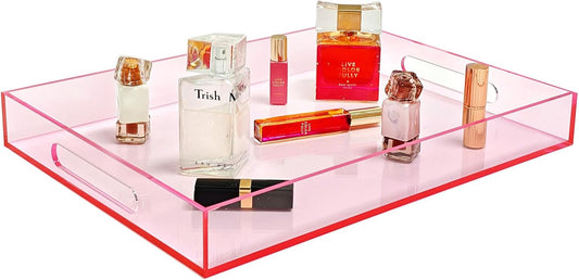 SetGame Pink Acrylic Serving Tray with Handles, Pink Decorative Storage Arylic Trays, Simple Large Serving Tray Food Tea Fruit Dinner Snack Tray for Bar Kitchen Party, Bathroom Tray, 16X12 Inch