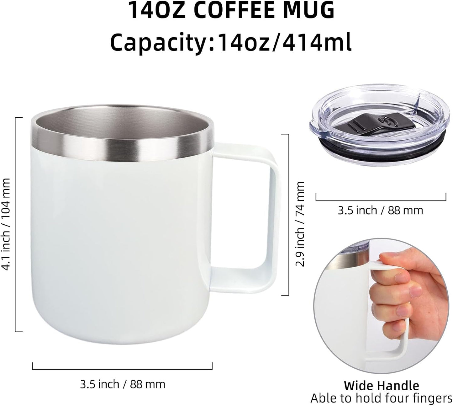 Volhoply 14oz sublimation Insulated Stainless Steel Coffee Mug with Lid Bulk 2 Pack,Double Wall Vacuum Travel Coffee Cup with Handle,Reusable Metal Cups Tumbler,Camping Mugs Keep Hot(Sublimation,2)