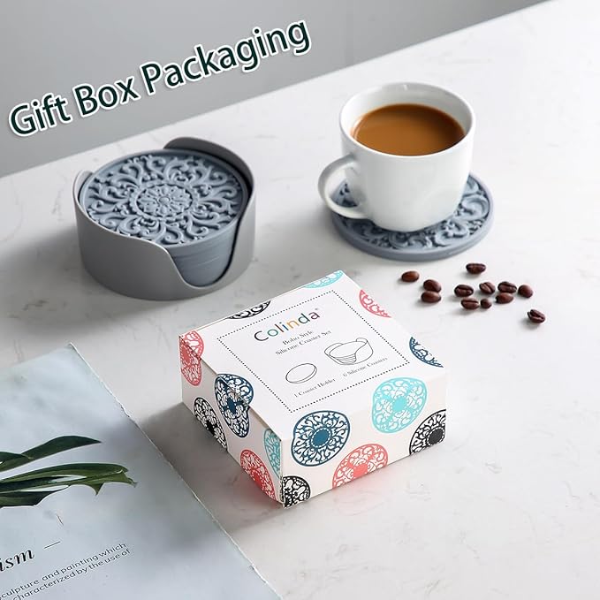 Colinda Silicone Coasters - Set of 6 with Holder, Non-Slip Cup Mats for Hot and Cold Drinks, Decorative Designs, Gift Ready Packaging, Pink