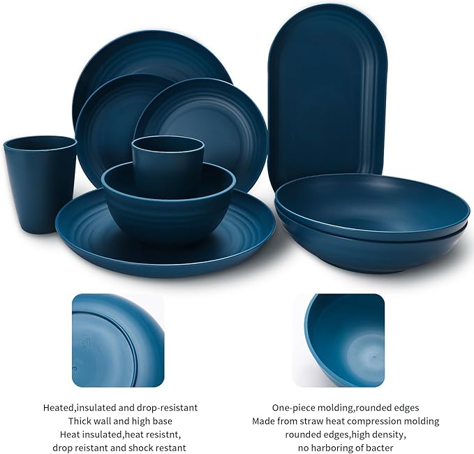 Lazycorner 48-Pcs Kitchen Wheat Straw Dinnerware Set, Service for 8, Plastic Reuasble Dinner Dishes Serving Plate Set for Kitchen, Including Dinner Plate, Dessert Plate, Bowl, Cup(Multicolor)