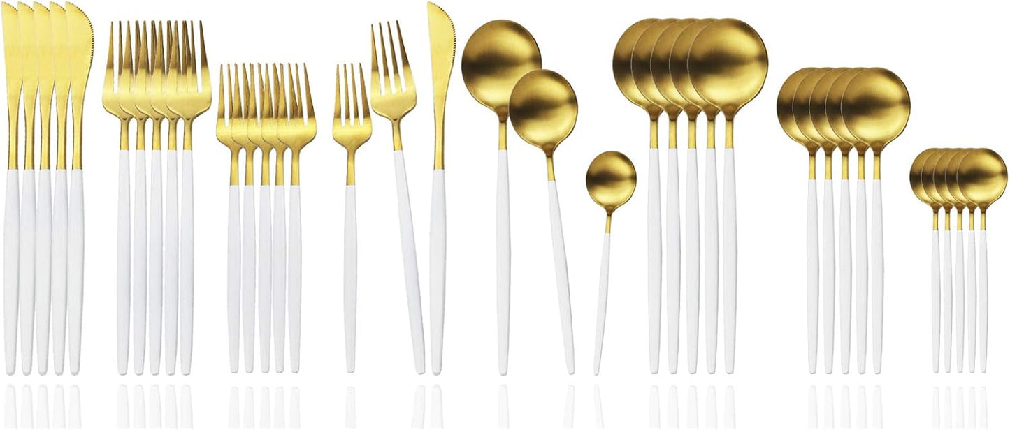 JASHII Silverware Set 36 Piece Food Grade Stainless Steel Flatware Set Fork Spoon Knife Utensils for Daily Use and Party, Service for 6 Anti Rust, Safe in Dishwasher (Matte White handle gold)