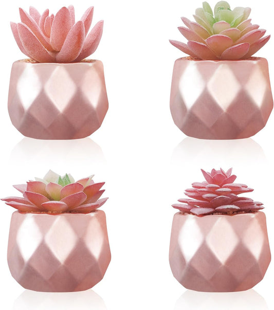Tiita 4 Pack Artificial Faux Succulents in Pots, Mini Rose Gold Fake Plants for Women Desk, Small Realistic Faux Succulents for Home Office Accessories Window Sill Bathroom Bedroom, Rose Gold