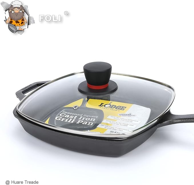 FOLI Square Glass Lid for Grill Pans with Steam Vent Hole - Fits Lodge Cast Iron Skillets 10.5inch(26.67cm) - Square Tempered Glass Lid - Universal Replacement Cover Bakelite Round Knob