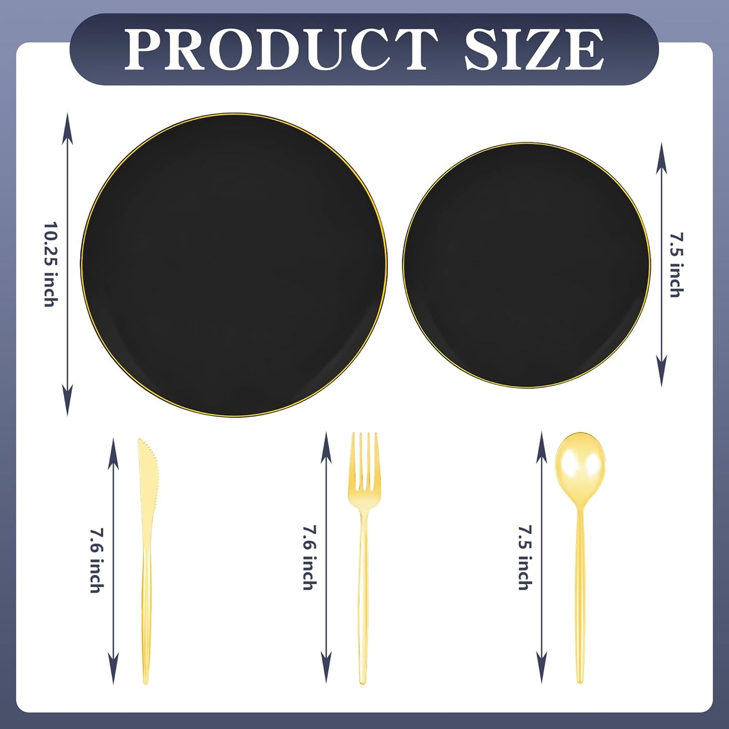 I00000 150Pcs Black Plastic Plates,Heavy Duty Black Plates for 30 Guests,Plastic Dinnerware Set Include 30 Dinner Plate,30 Dessert Plate,90 Gold Cutlery Set for Party