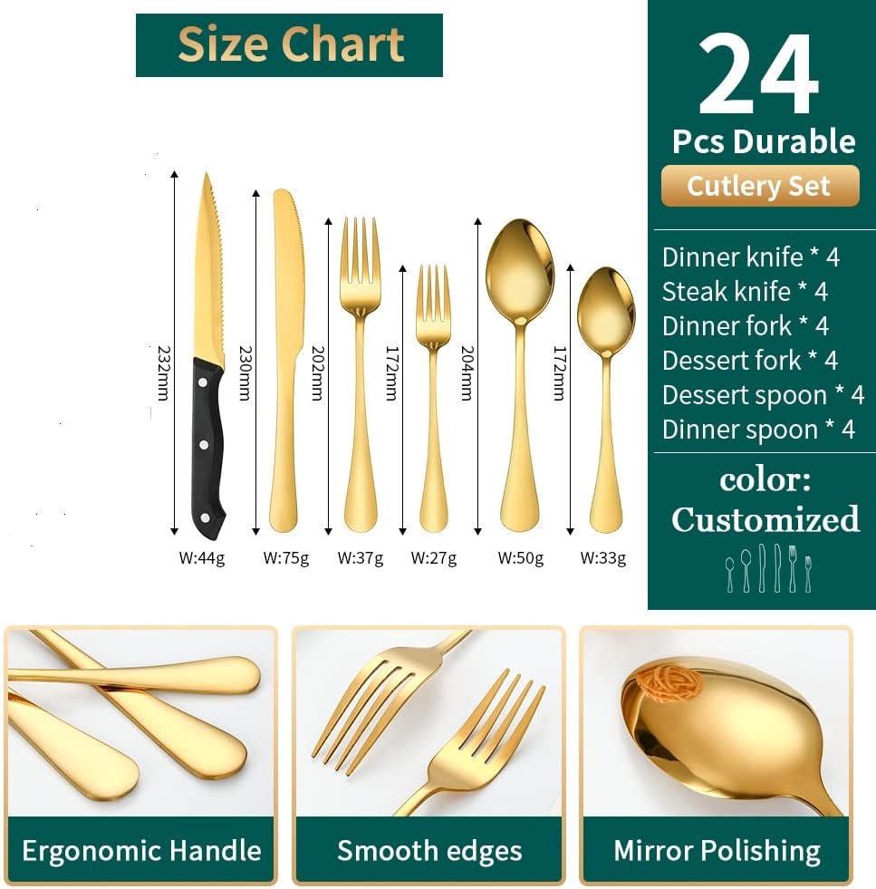 Gold Flatware Set For 4 Silverware Stainless Steel Forks and Spoons Knives Cutlery 24 Pieces Kitchen Utensils Parties Festival Casual or Formal Occasions