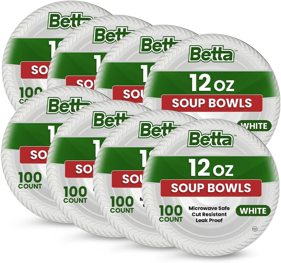 Betta 12 Oz Disposable Plastic Soup Bowls, White, 800 Count, Bulk Case for Schools, Breakrooms and Cafeteria, Microwave Safe (8 Pack Per Box x100)