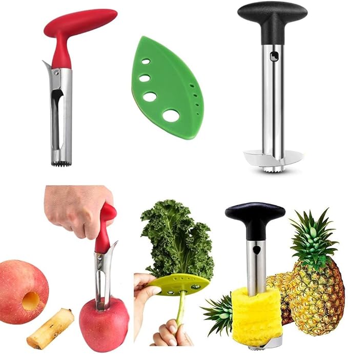 Apple Corer + Pineapple Tool + Herb Kale Stripper- Lever Tool by BRIGHT KITCHEN Stainless Steel Pear Fruit Seed Remover Cherry Red Grip with Serrated Blade (Apple + Pineapple + Herb)