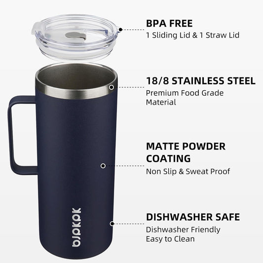 BJPKPK Insulated Coffee Mug with 2 Lids, 32oz Stainless Steel Insulated Tumbler with Handle, Double Wall Vacuum Coffee Cups, BPA Free Travel Mug for Coffee, Tea and Drinks, Navy Blue