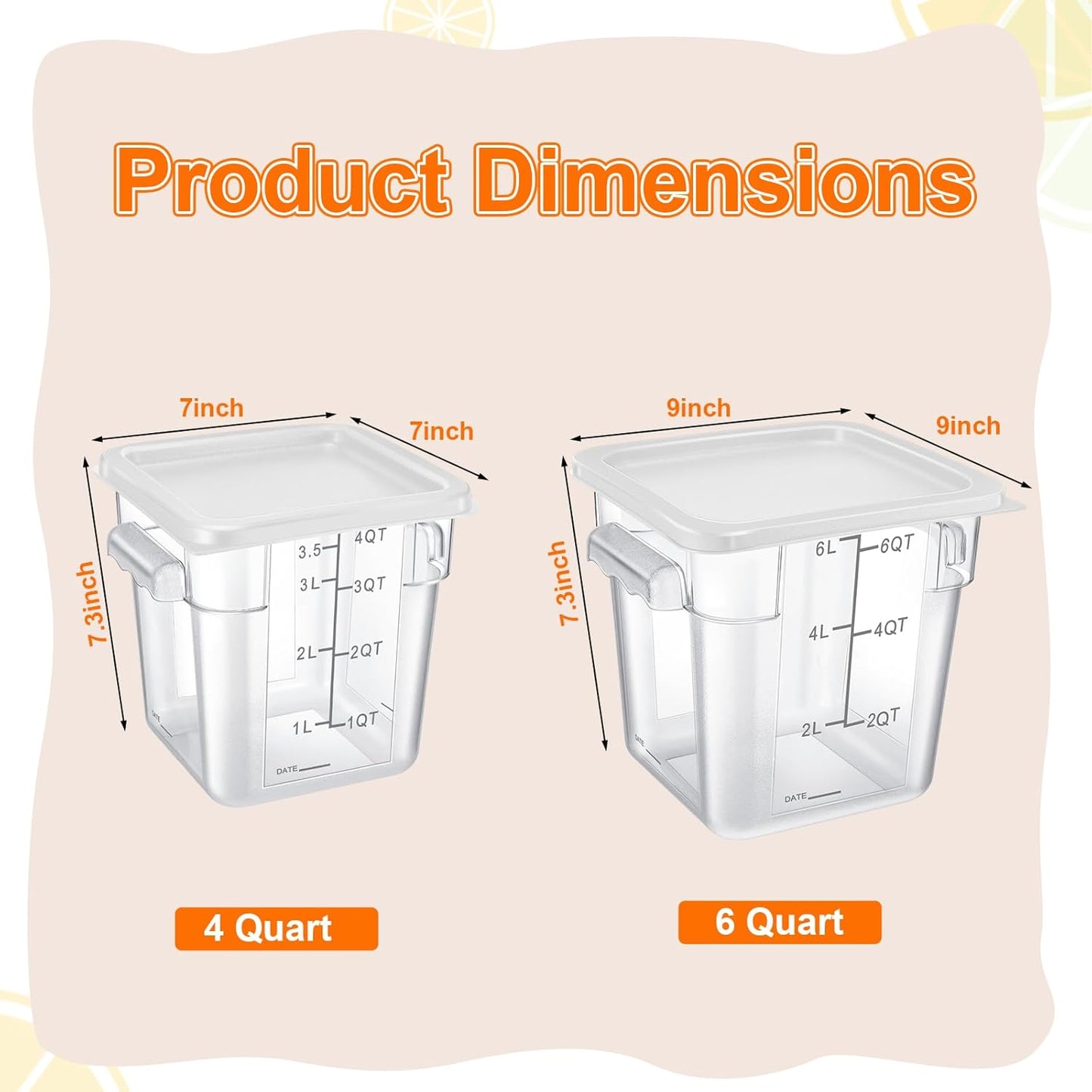 Suclain 8 Pack 4 QT and 6 QT Food Storage Containers with Lids Scales Handles Square Clear Restaurant Food Storage Containers Polycarbonate Commercial Grade for Kitchen Marinating Meat Dough(White)