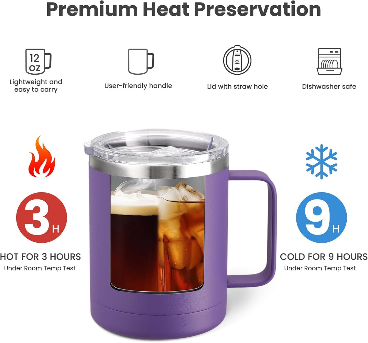 MEWAY 12oz Coffee Mug With Handle 8 Pack Bulk,Stainless Steel Insulated Travel Tumblers With Sliding Lid,Double Wall Vacuum Camping Cup for Hot & Cold Drinks Tea (Purple,Set of 8)