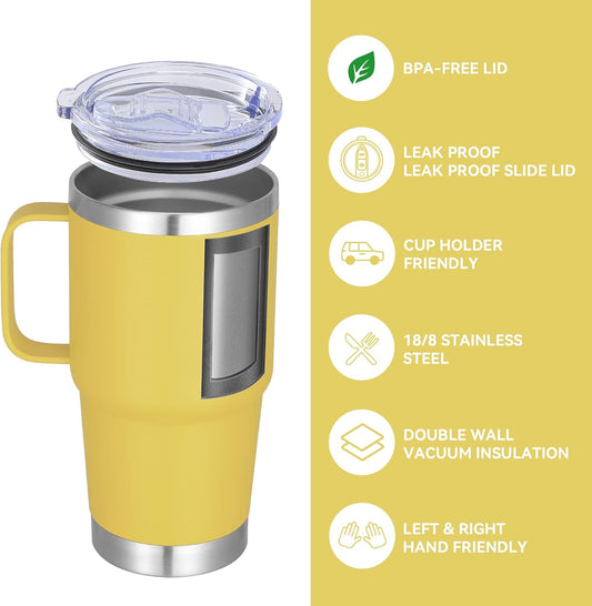 VEGOND 20 oz Tumbler Bulk with Handle Lid and Straw, Stainless Steel Insulated Travel Coffee Mug Set, Spill Proof Double Wall Metal Tumblers Cups, Yellow 6 Pack