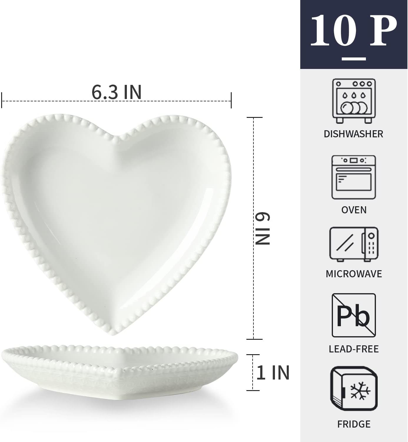 6.3 Inch Porcelain Appetizer Plates Set of 10, Heart Shape Small Dinner Plates, White Dessert Salad Plates Serving Dishes for Cake, Snack, Ice Cream, Waffles, Microwave, Oven, Dishwasher Safe