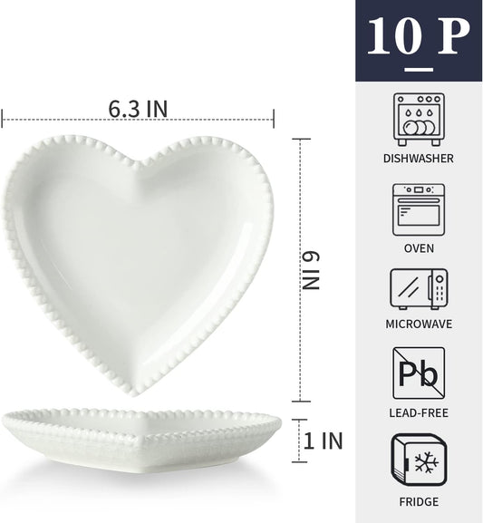 6.3 Inch Porcelain Appetizer Plates Set of 10, Heart Shape Small Dinner Plates, White Dessert Salad Plates Serving Dishes for Cake, Snack, Ice Cream, Waffles, Microwave, Oven, Dishwasher Safe