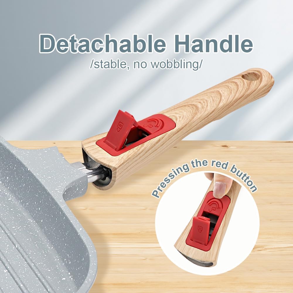 Nonstick Ceramic Griddle Pan with Lid, 10 Inch Steak Pan with Detachable Handle Induction Compatible, PFOA Free - Blue