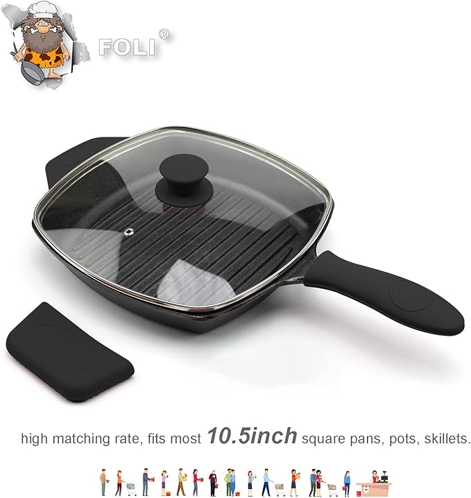 FOLI Square Glass Lid for Grill Pans with Steam Vent Hole - Fits Lodge Cast Iron Skillets 10.5inch/26.67cm Silicone Potholder- Square Tempered Glass Lid - Universal Replacement Cover Silicone Knob