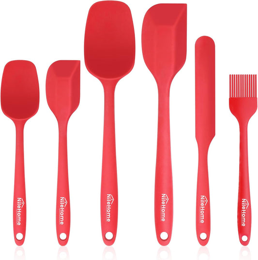 NileHome Silicone Spatula Set 6 Packs Food Grade Kitchen Utensils with Silicone Brush Heat Resistant BPA-free Rubber Spatula for Scraping, Baking, Cooking, Mixing, Red