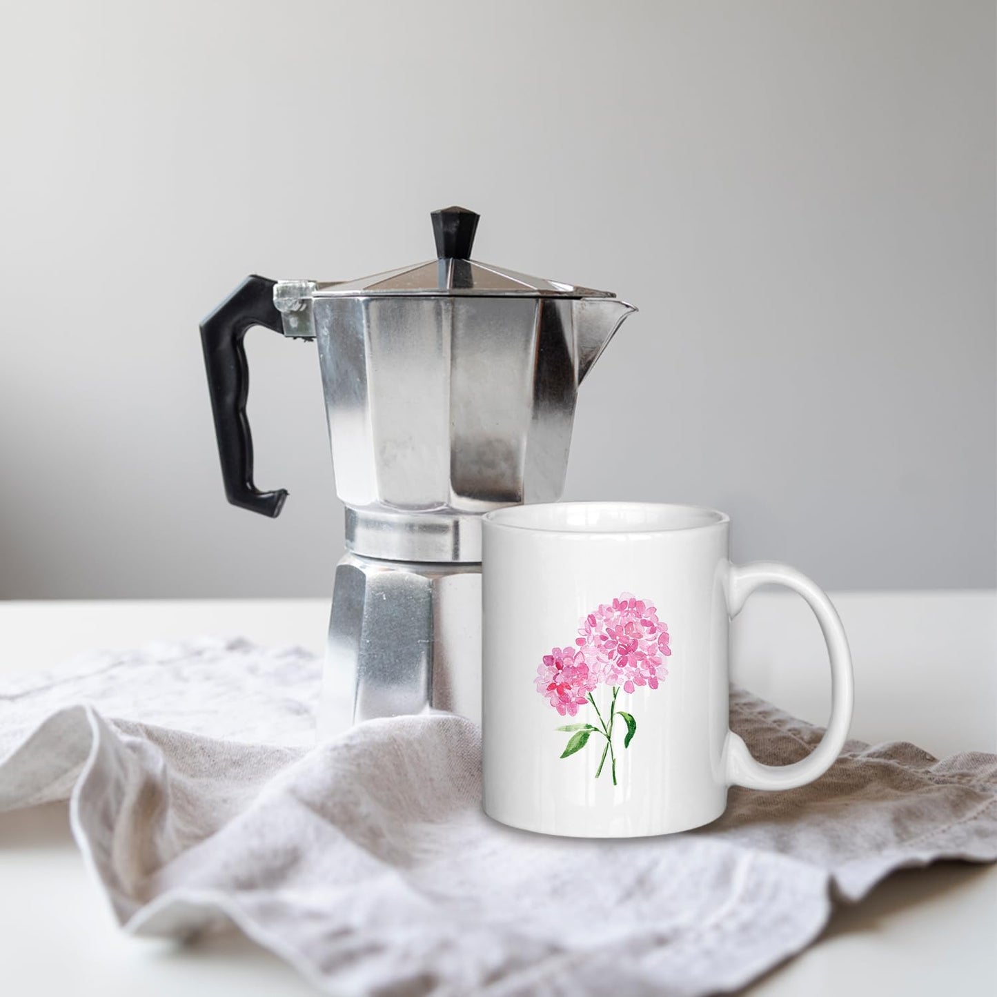 Hydrangea Gifts Floral Coffee Mug, Pink Hydrangea Mugs for Women, Watercolor Pink Floral Ceramic Coffee Mug 11 oz