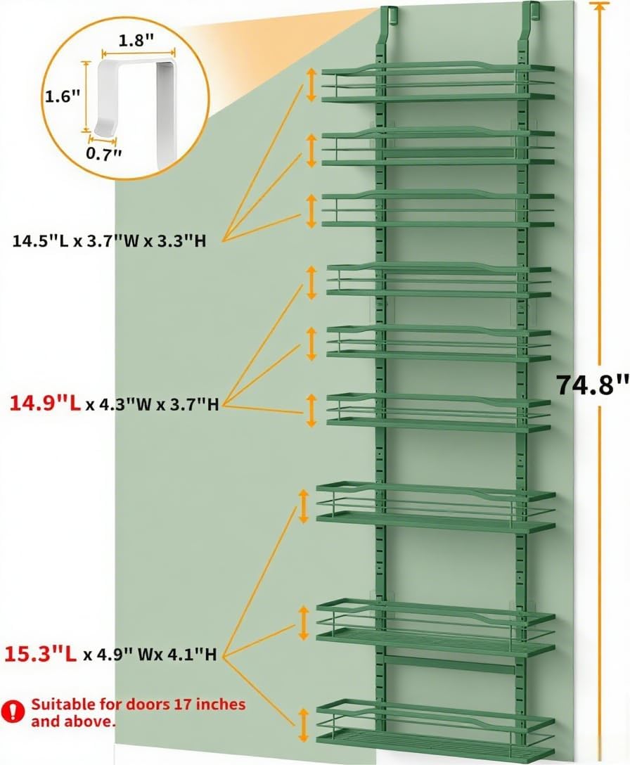 Moforoco Sage Green 9-Tier Over The Door Pantry Organizer, Pantry Organization and Storage, Black Hanging Basket Wall Spice Rack Seasoning Shelves