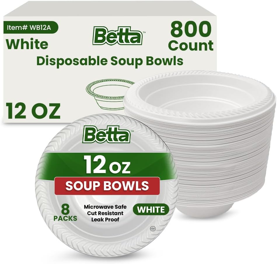Betta 12 Oz Disposable Plastic Soup Bowls, White, 800 Count, Bulk Case for Schools, Breakrooms and Cafeteria, Microwave Safe (8 Pack Per Box x100)