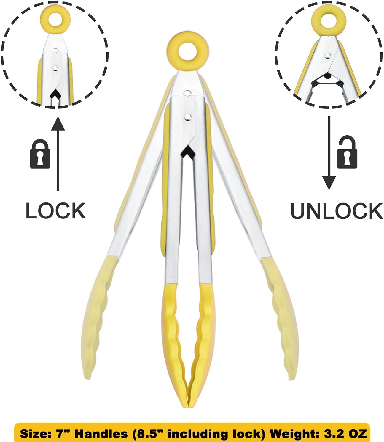 Small Appetizer Tongs 7-Inch Silicone Tipped Kitchen Tongs, Set of 3 (Yellow)