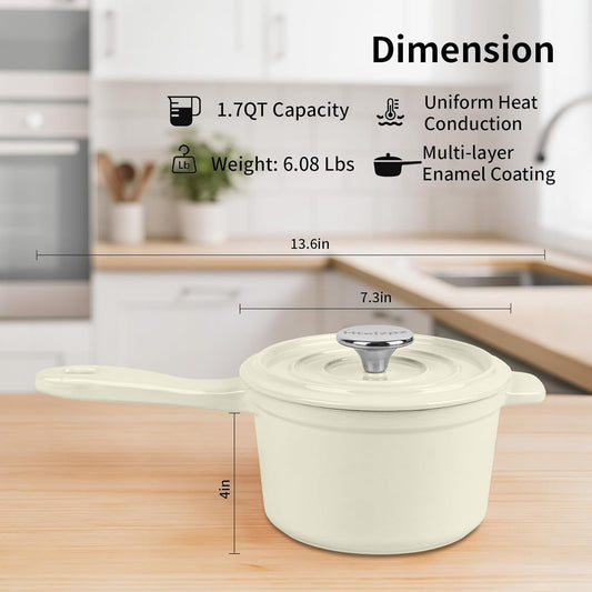 Enameled Cast Iron Sauce Pan with Lid, 1.7 Quart Saucepan with Lid, Small Dutch Oven Pot, Suitable for Small Portions of Soup, Sauces, Oatmeal, White