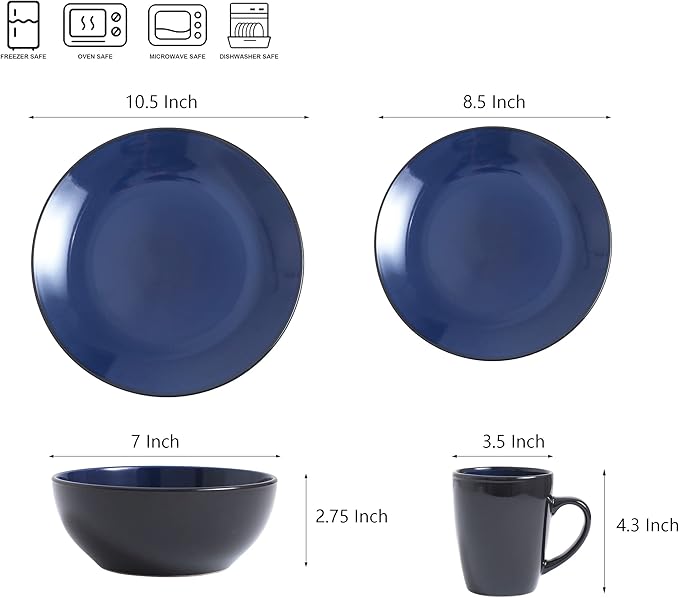 Bestone 16 Piece Round Kitchen Dinnerware Set, Blue and Black, Stoneware