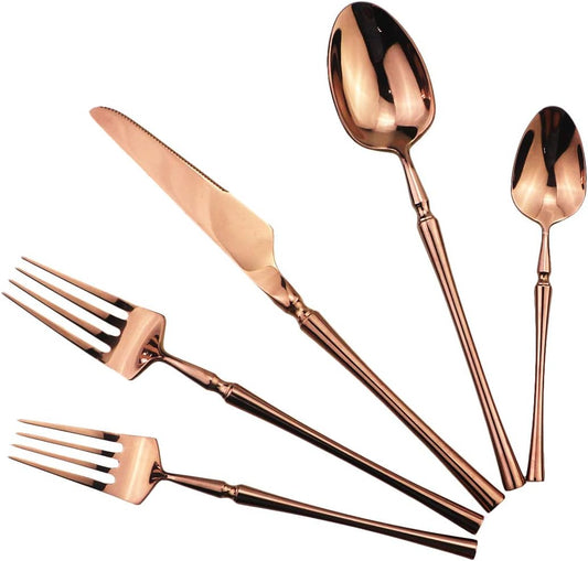 Gugrida Copper Silverware Set, 5-Piece 18/10 Stainless Steel Flatware Cutlery Set for 1,Mirror Finish, Ideal for Wedding Festival Party Home Kitchen, Dishwasher Safe