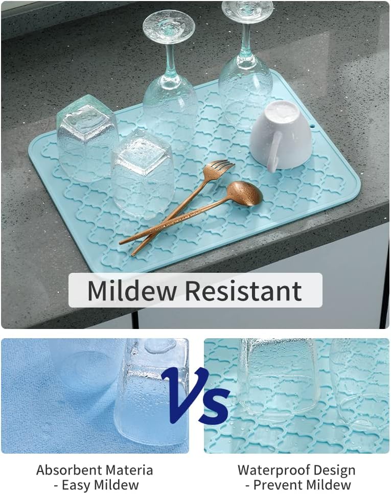 AMOAMI Dish Drying Mat,Heat-resistant,Easy Clean,Silicone Dish Drying Mats for kitchen Counter,Kitchen Gadgets Kitchen Accessories Kitchen Small Appliances (12" x 16", LIGHT BLUE)