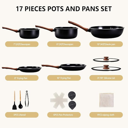 Bonnlo 17 PCS Non-Stick Cookware Set, Aluminum Pots and Pans Set, Induction RV Kitchen Cook Set, Microwave Safe, PFAS PFOA & PFOS Free, Black, for Gift, Home, House Warming