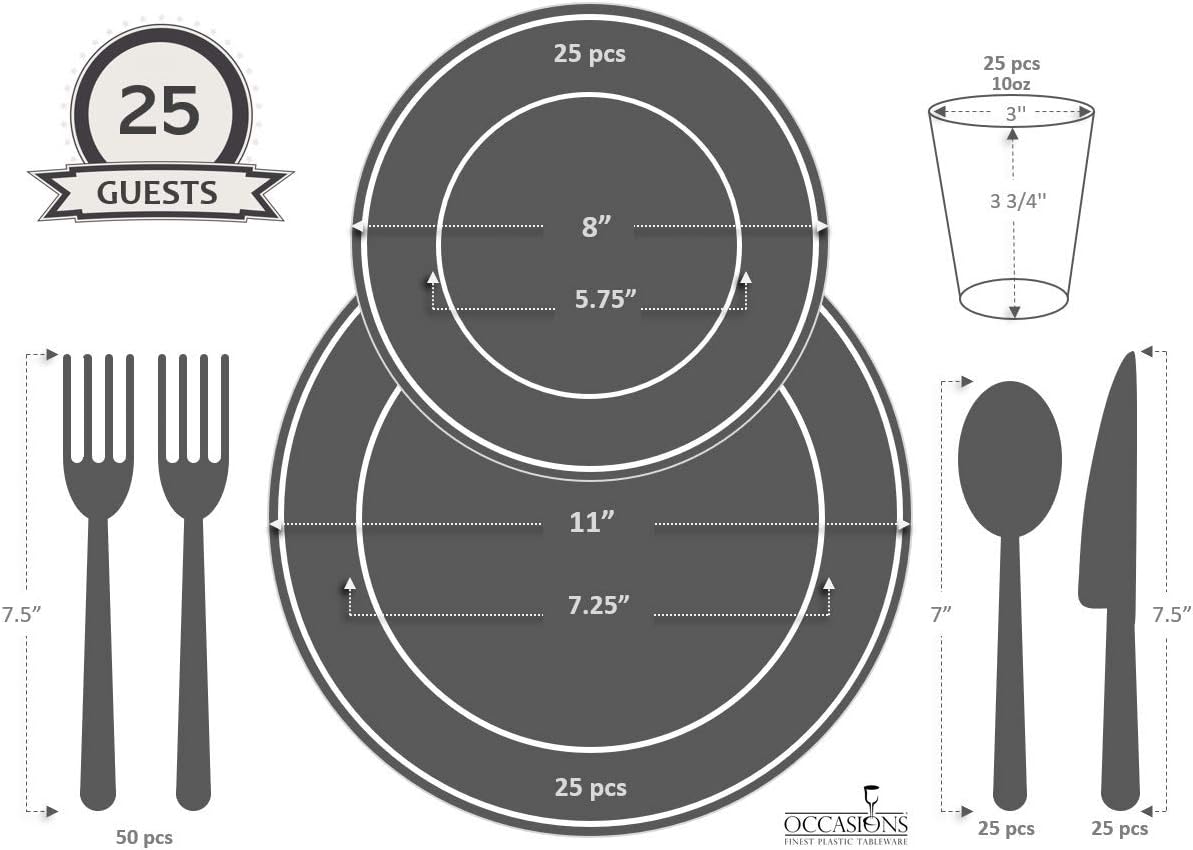" OCCASIONS " 200pcs set (25 Guests)-Extra Heavyweight Vintage Wedding Disposable/Reusable Plastic Plates -25x 11'' + 25x 8.25''+Silverware+Cups+Napkins (Chateau Collection in Blue)