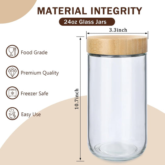 OcePor 6 Pack 24oz Glass Jars with Bamboo Lids, Over Night Oats Container with Airtight Lid, Glass Snack Storage Salad Jars For Food, Yogurt, Sugar and Flour,Coffee Bean, Cookie, Cereal