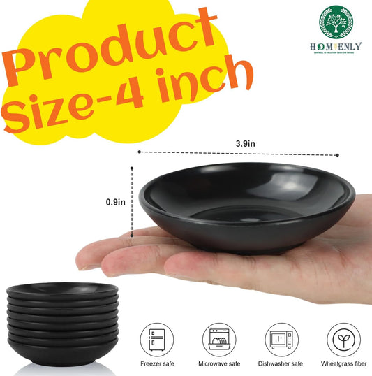 Plastic Dipping Plates Set of 8 - 4 inch Wheat Straw Plates,Soy Sauce Dish,Dipping Bowls,Small Serving Bowls for Side Dishes, Mini Appetizer Plates for Side Dishes,Condiment,BBQ and Party Dinner-Black