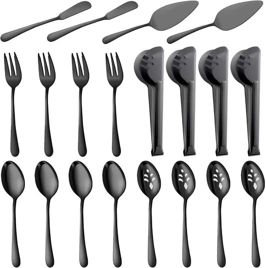 BEWOS Black 20-Piece Serving Set, Black Slotted Spoons & Tongs, Forks, Cake Server & Butter Knife, Stainless Steel, Dishwasher Safe