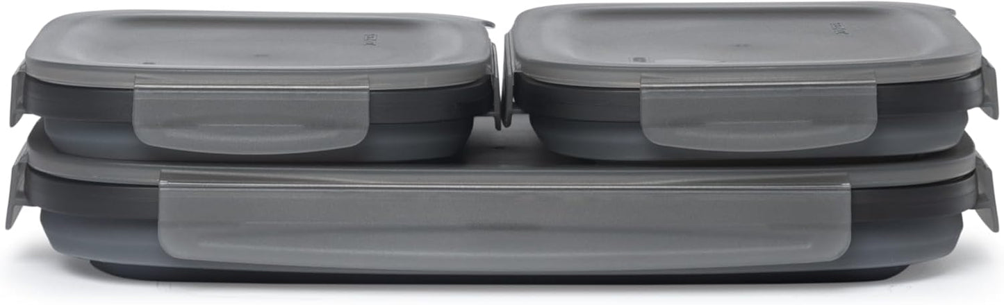 Drip EZ Secondz Collapsible Food Storage Containers (set of 3) - Meal Prep, Leftovers, Lunch, Camping, Hiking - Dishwasher & Microwave Safe - BPA-free Silicone - Locking Lids - Charcoal