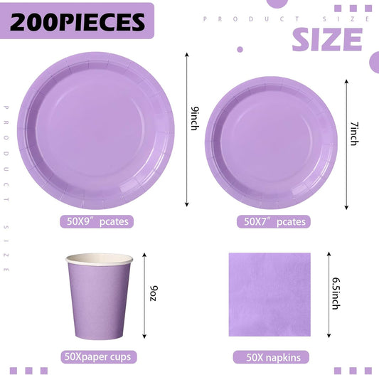 Tioncy 200 Pcs Disposable Paper Plates Cups and Napkins Party Supplies Serve 50 Guests Disposable Paper Dinnerware Set for Halloween Birthday Wedding Baby Shower Family Picnic(Purple)