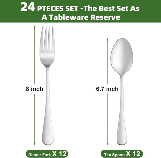 24 Pcs Forks and Spoons Silverware Set, Food Grade Stainless Steel Flatware Cutlery Set for Home, Kitchen and Restaurant, 12 Dinner Fork(8") and 12 Teaspoon(6.7"), Mirror Polished, Dishwasher Safe