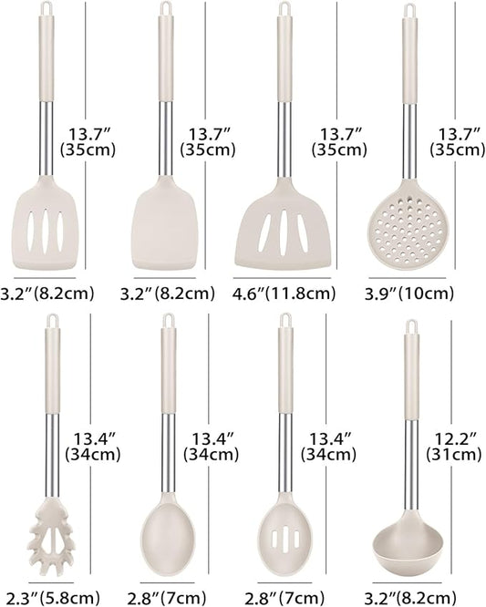 Silicone Cooking Utensil Set, 8Pcs Non-stick Cookwares with Stainless Steel Handle, BPA Free Heat Resistant Kitchen Tools with Spatulas, Turners, Spoons, Skimmer and Pasta Fork (KHAKI)