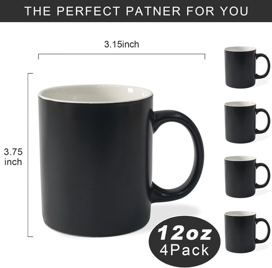 12 oz Cup (4pcs), Black Ceramic Coffee Mug for Milk Tea, Set of 4